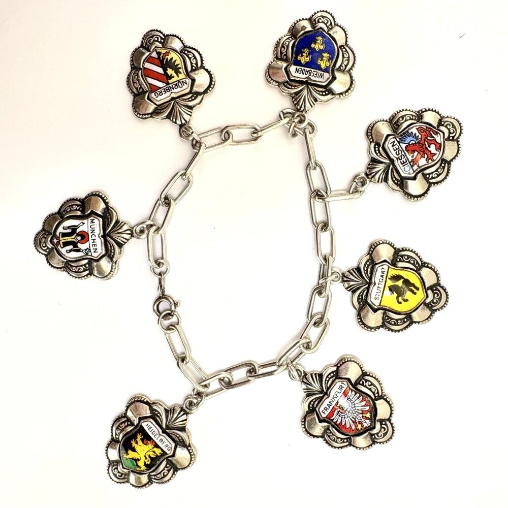 German Towns Travel Charm Bracelet Large Shields VTG 925 Sterling Silver 7.25" L
